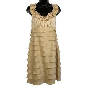 London Times Gold‎ Metallic Ruffle Pleated Neckline Layered Sheath Dress Size 6